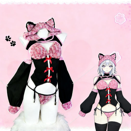 Sexy Pink Leopard Crop Lingerie Set Cat Ears