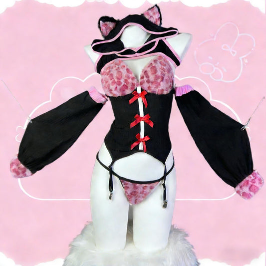 Sexy Pink Leopard Crop Lingerie Set Cat Ears