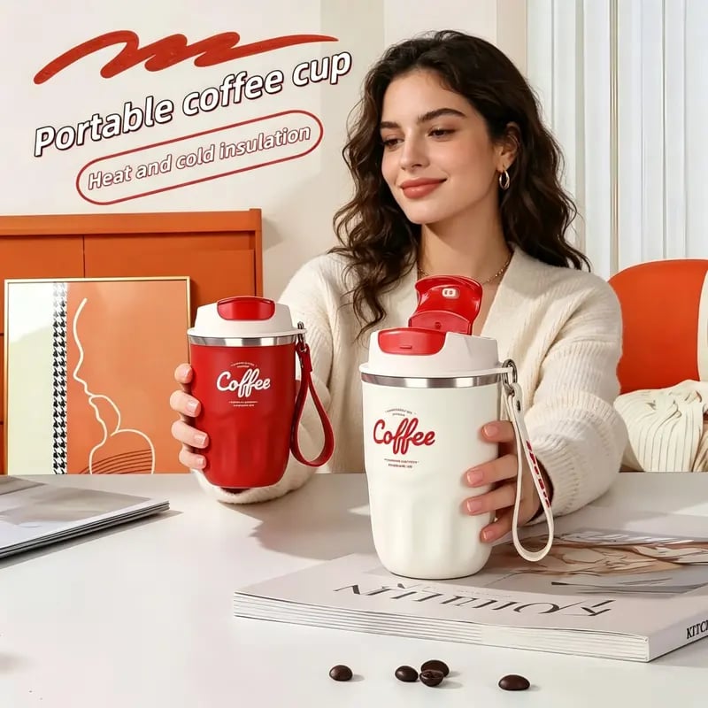 Insulated Stainless Steel Coffee Mug with Lid & Handle, Portable Vacuum Flask for Travel, Office & Outdoor Use