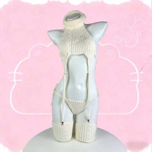Cosplay Cute White Knit Sweater Lingerie Set
